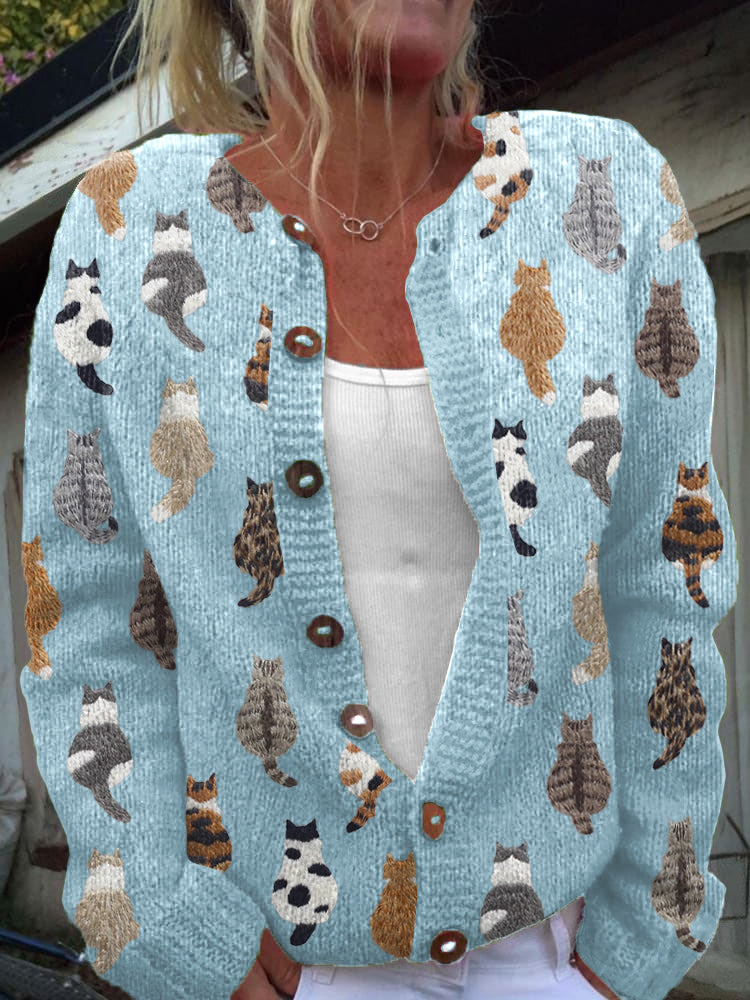 Charlotte | Cárdigan de Punto Vintage, Estampado de Gatos, Beige