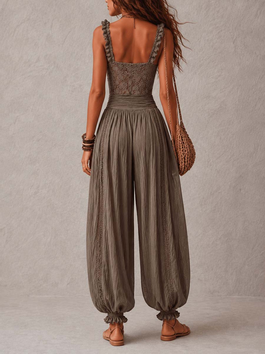 Wanda | Conjunto con bandeau de encaje gris y pantalón harem de algodón plisado