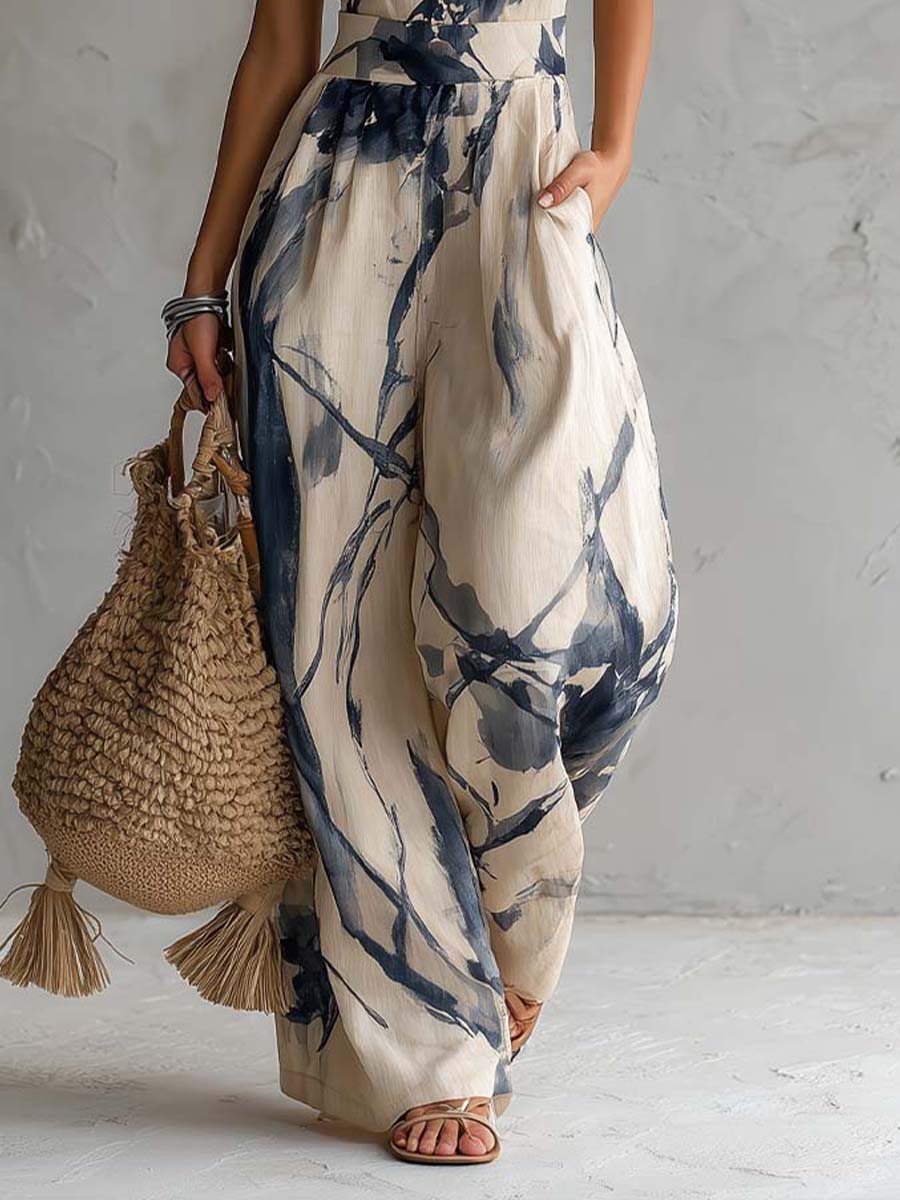 Mono de Pierna Ancha Cuello Halter, Estampado Tinta Crudo y Marino