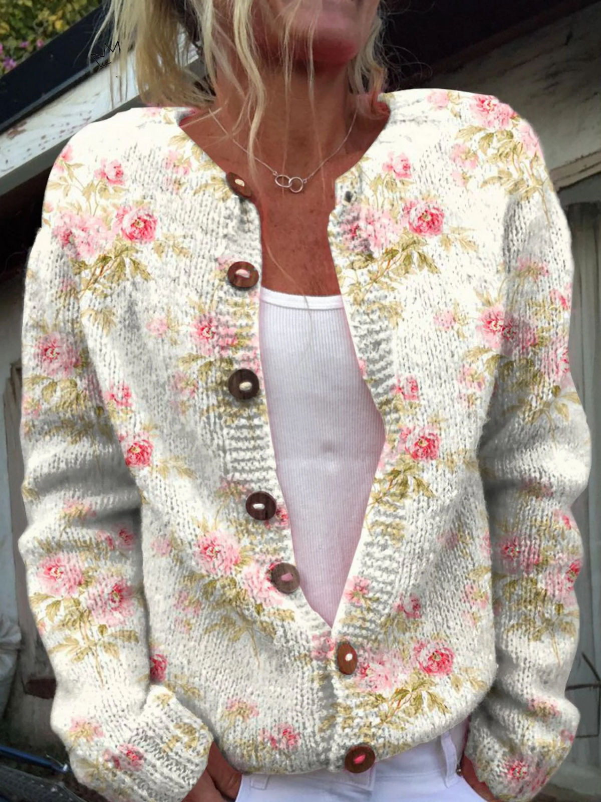 Kerensa | Cárdigan de Punto Vintage, Floral Rosa sobre Crudo