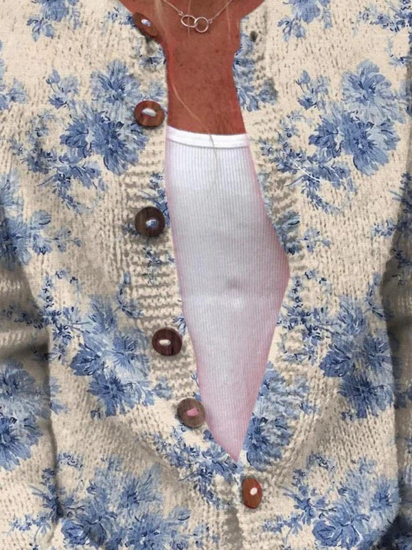 Daysie | Cárdigan de Punto Vintage, Floral Azul sobre Crudo