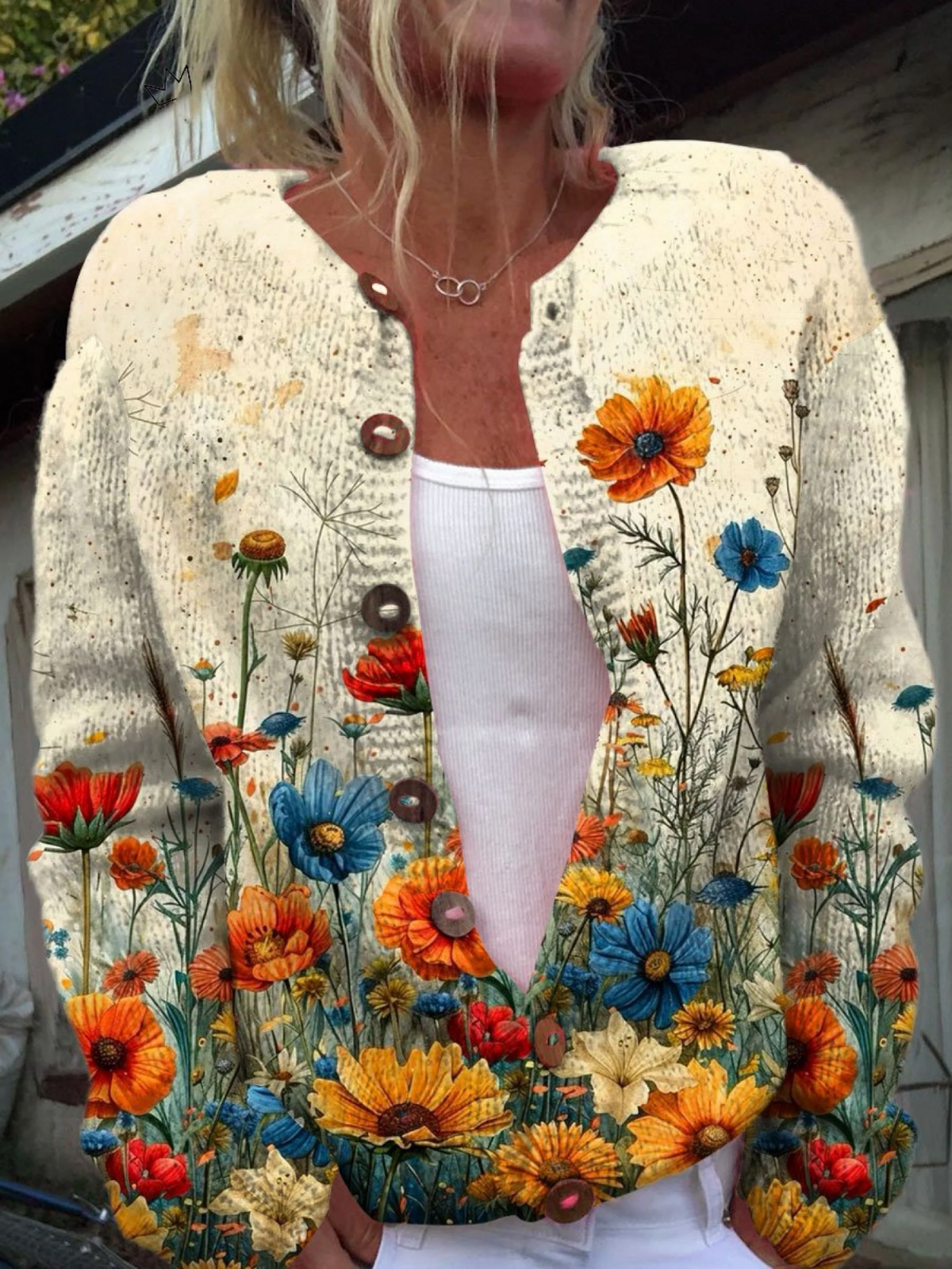 Tansy | Cárdigan de Punto Vintage, Flores Silvestres Multicolor