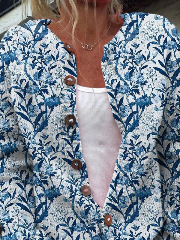 Tiverly | Cárdigan de Punto Vintage, Pájaros y Flores en Azul y Blanco