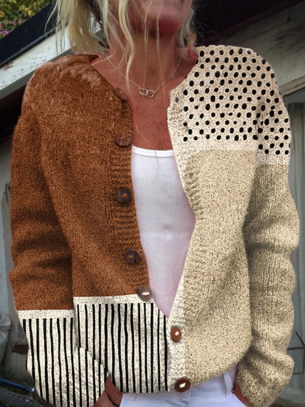 Eloise | Cárdigan de Punto Vintage, Patchwork Caramelo y Crudo