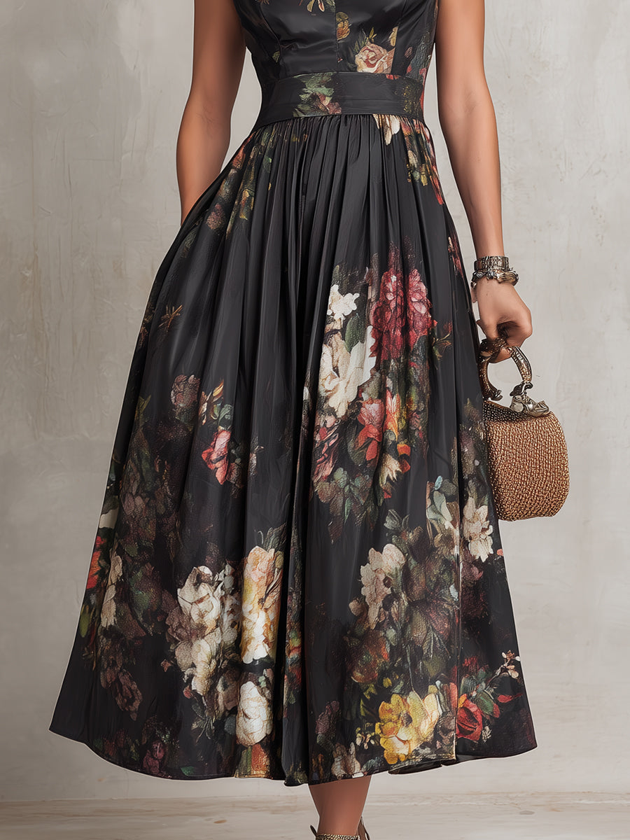 Vestido Midi de Satén con Ojal en el Cuello, Negro Noche