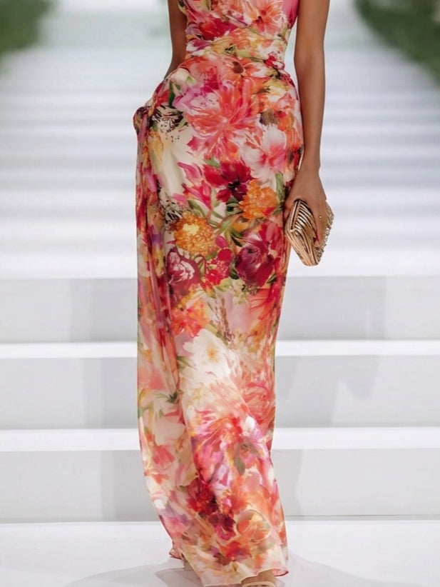 Vestido Maxi Rojo Floral de Cuello Halter, Rojo Tropical