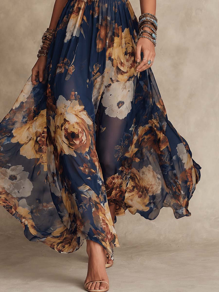 Débora | Vestido Maxi Floral Pintado a Mano, Azul Marino y Dorado