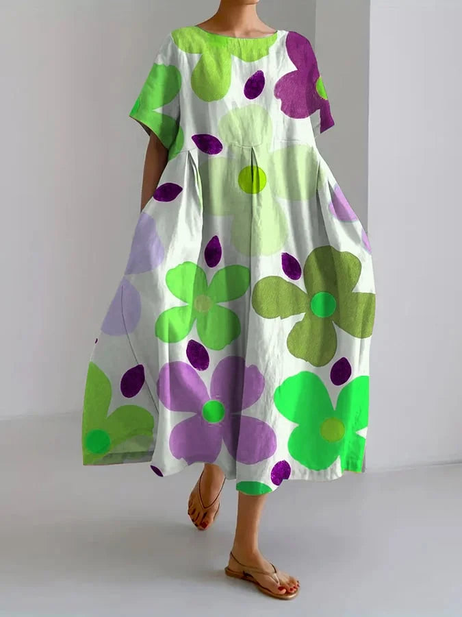 Vestido Floral de Verano Blanco Lino con Manga de Volante