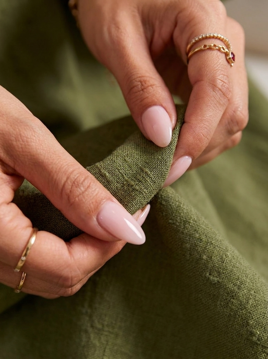 Gaia | Vestido Mini de Lino con Puños de Rosas, Verde Oliva