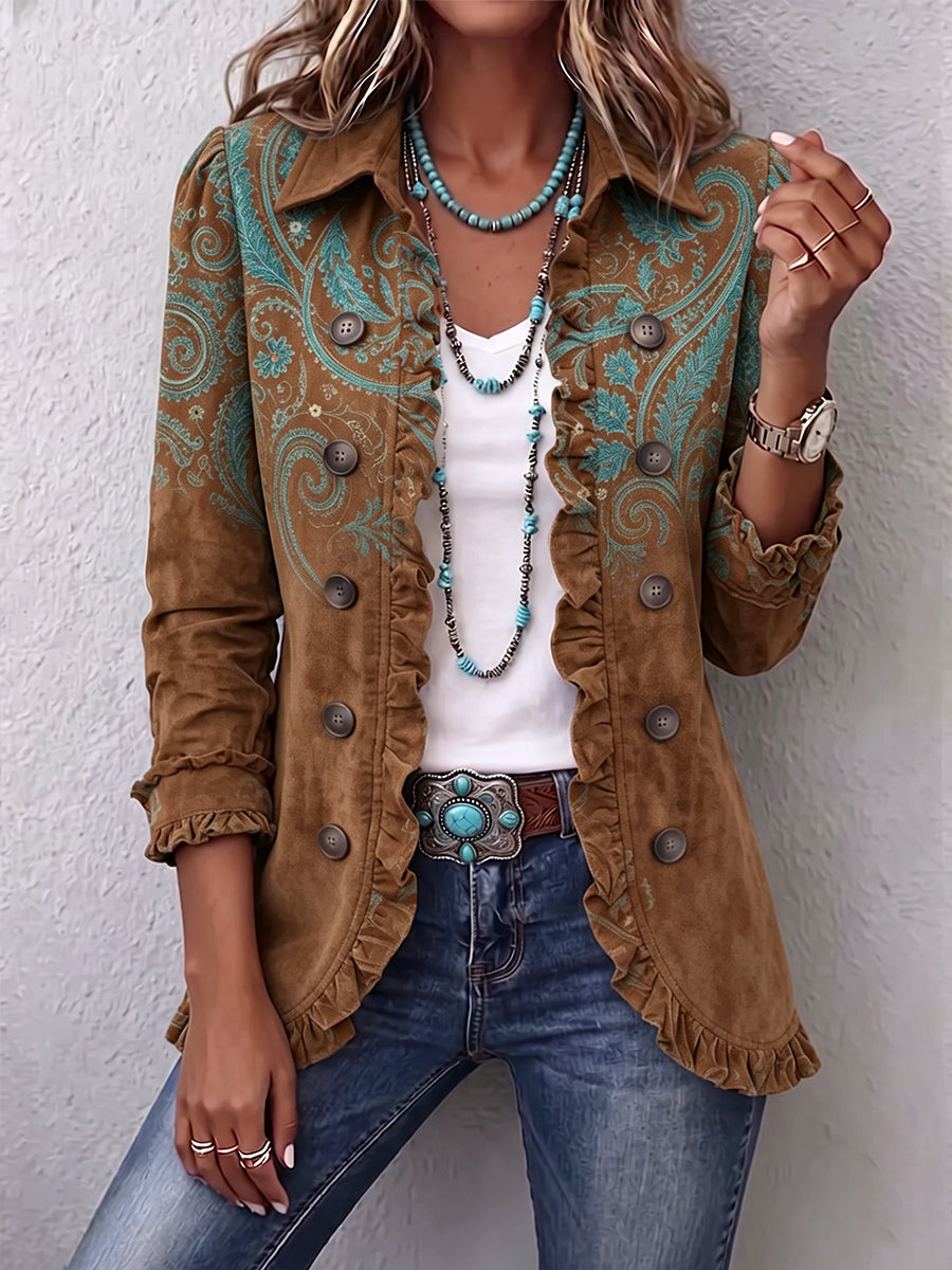 Aurora | Chaqueta de Volantes, Paisley Caramelo y Turquesa