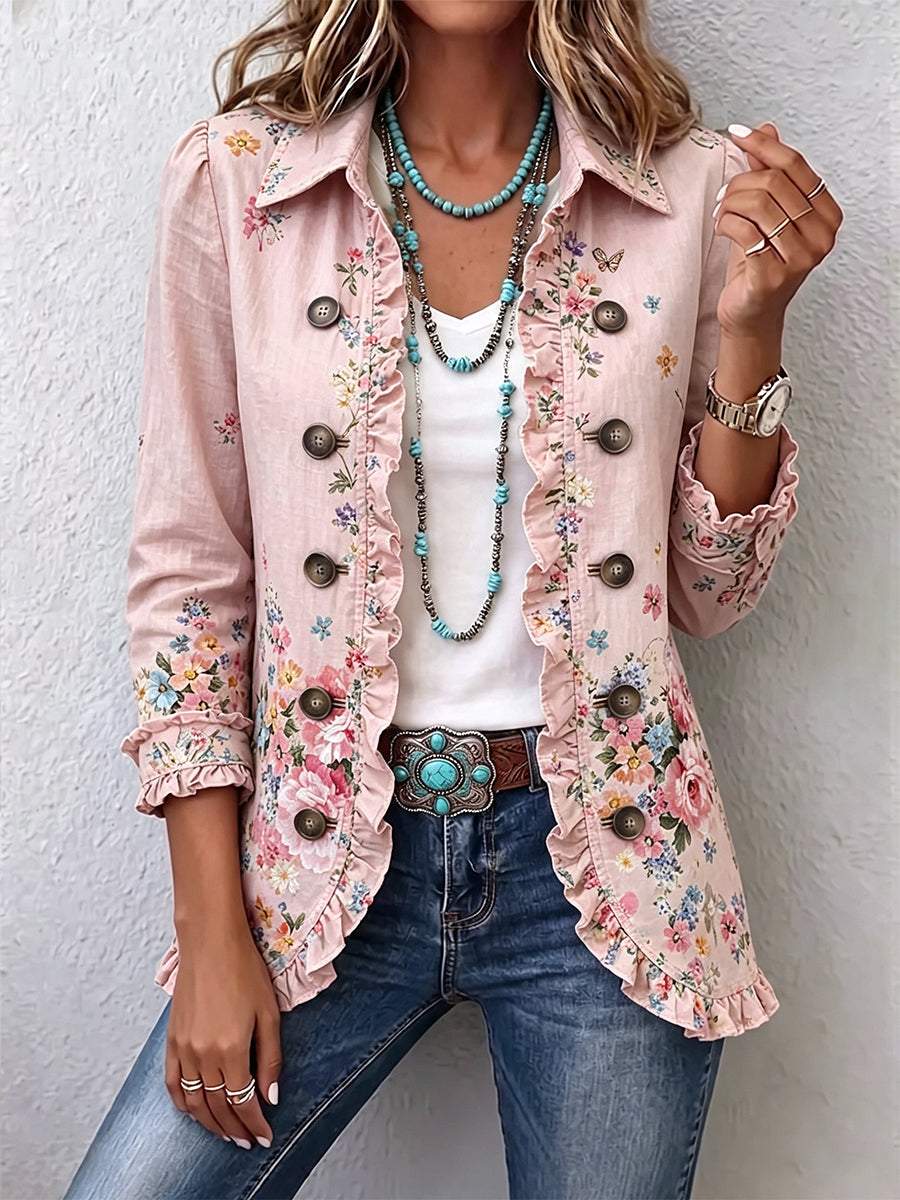 Beatriz | Chaqueta de Volantes, Floral Rosa Empolvado