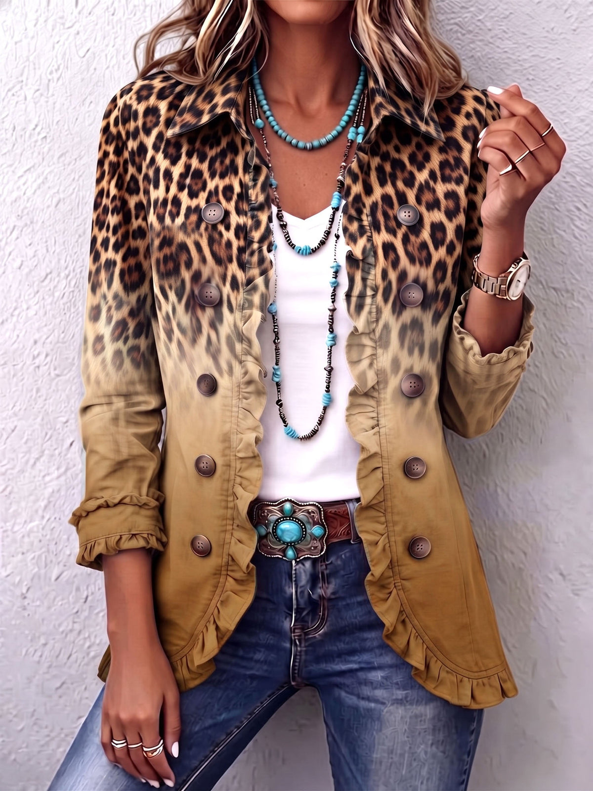 Elisa | Chaqueta de Volantes, Leopardo a Turquesa