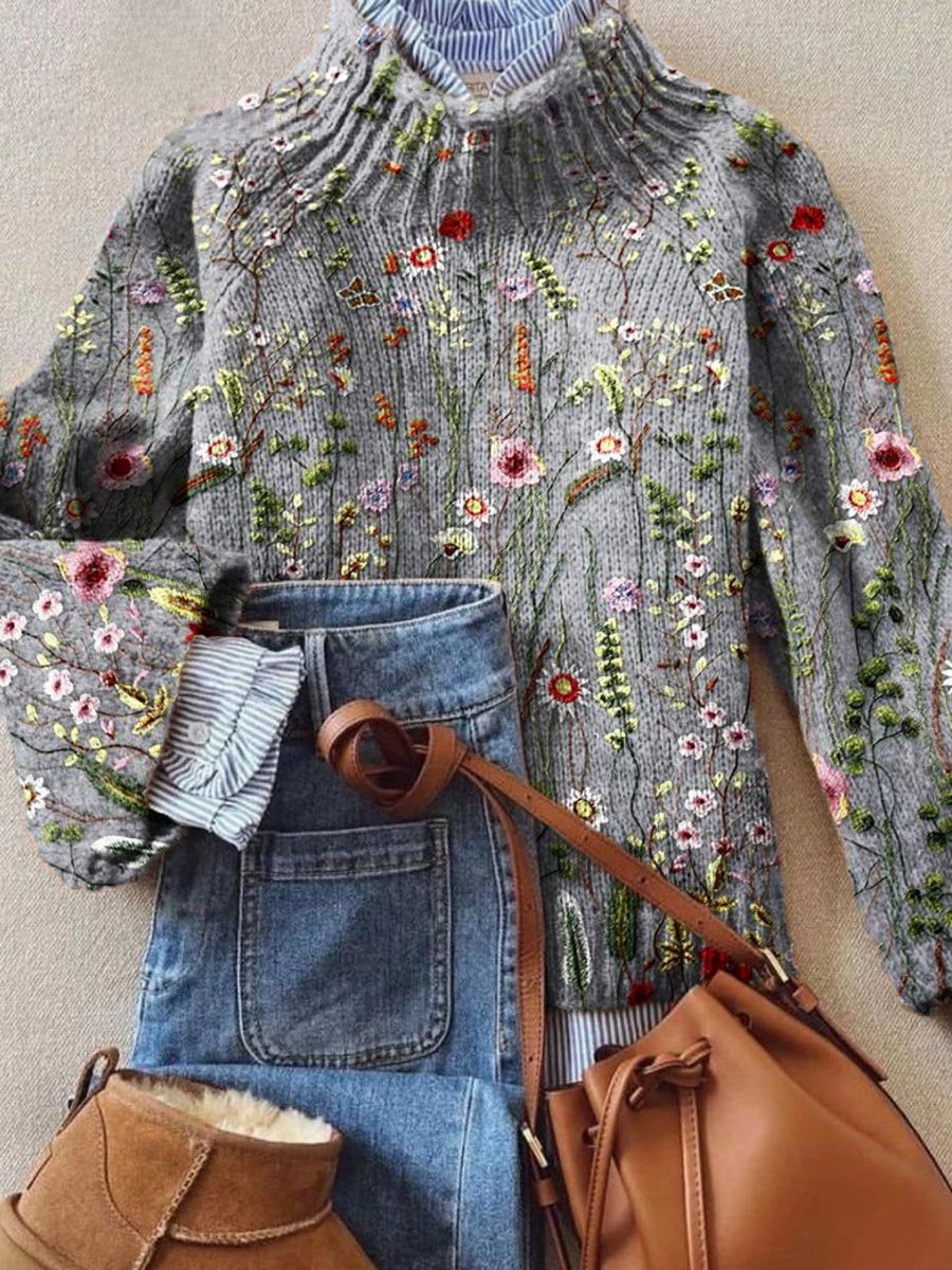 Sophia | Jersey de Cuello Alto con Bordado Floral, Multicolor