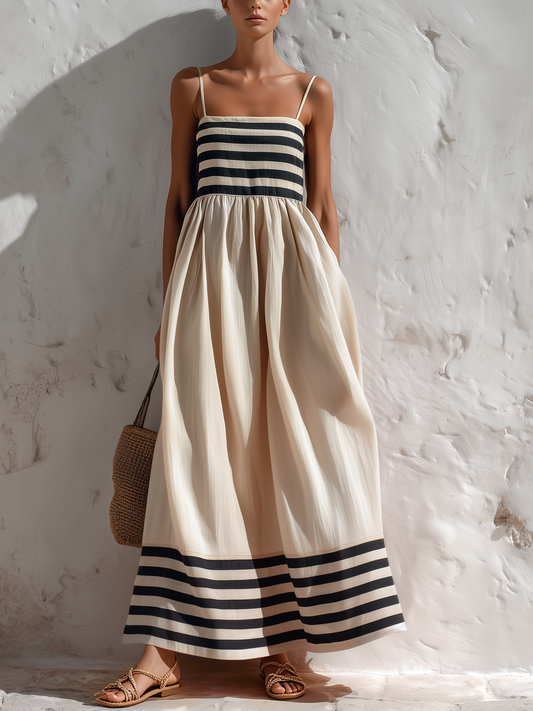 Ortensia | Vestido largo a rayas negras y beige con tirantes finos