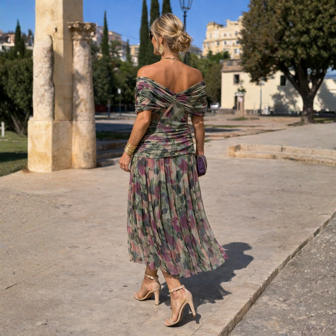 Norma | Vestido de Gasa con Hombros Caídos, Rojo
