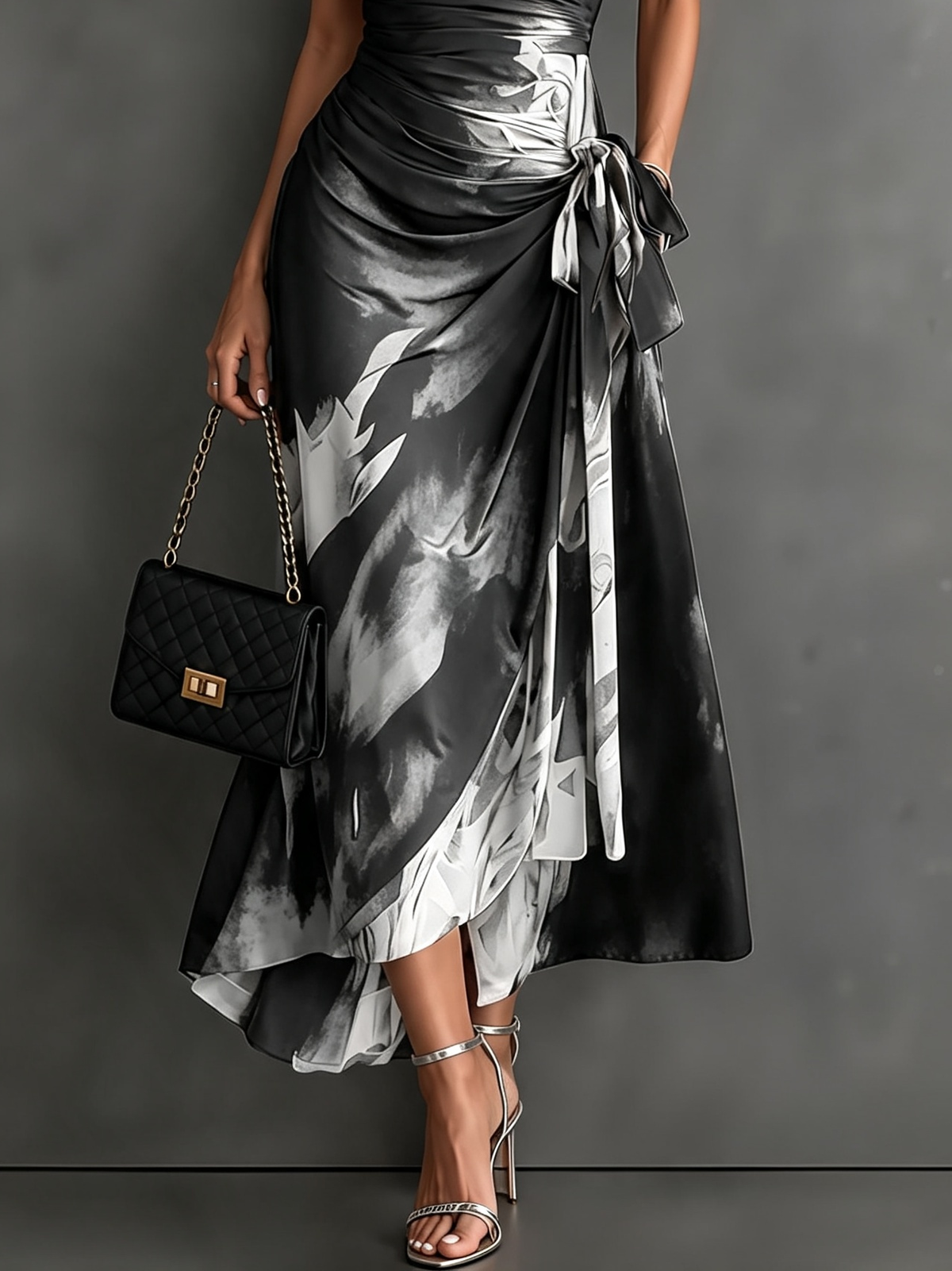 Vestido Midi Cruzado Abstracto Rojo y Negro con Cuello Camisero, Escote en V, Manga Corta, Cintura Anudada y Bajo Asimétrico con Volante