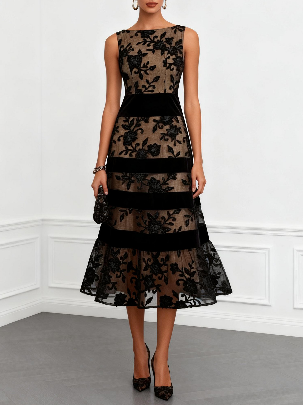 Vestido Midi de Malla Floral, Negro Elegante