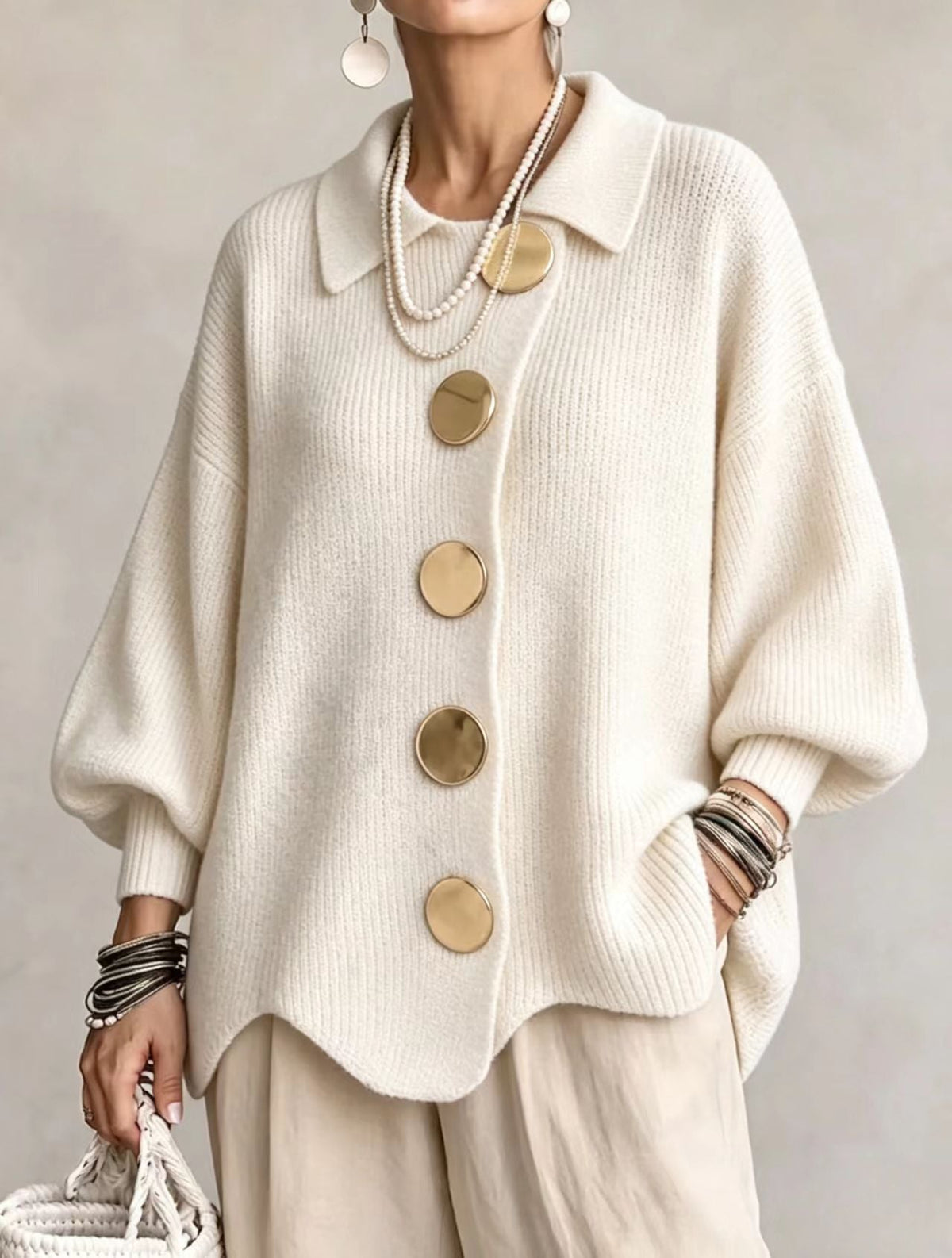 Isadora | Cárdigan Oversize de Botones Metálicos, Negro