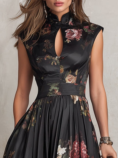 Vestido Midi de Satén con Ojal en el Cuello, Negro Noche