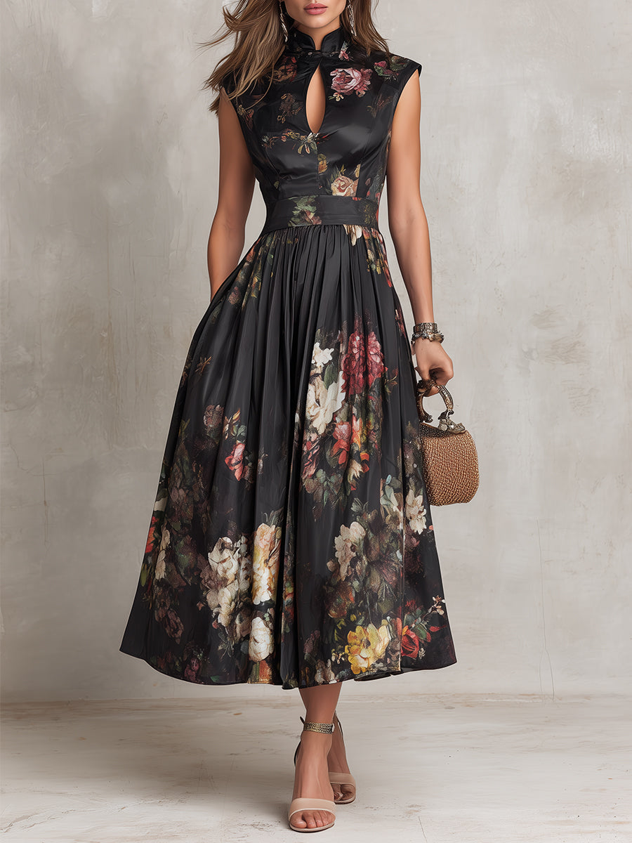 Vestido Midi de Satén con Ojal en el Cuello, Negro Noche