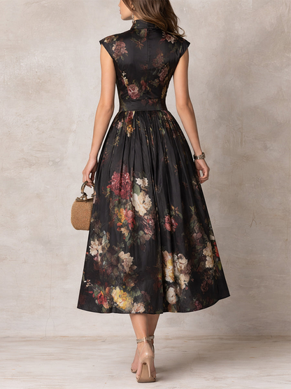 Vestido Midi de Satén con Ojal en el Cuello, Negro Noche