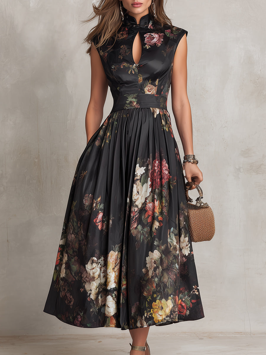 Vestido Midi de Satén con Ojal en el Cuello, Negro Noche