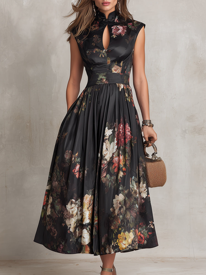 Vestido Midi de Satén con Ojal en el Cuello, Negro Noche