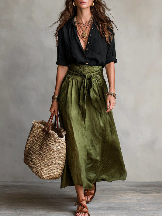 Camila | Conjunto Dos Piezas Camisa y Falda, Negro y Verde Oliva