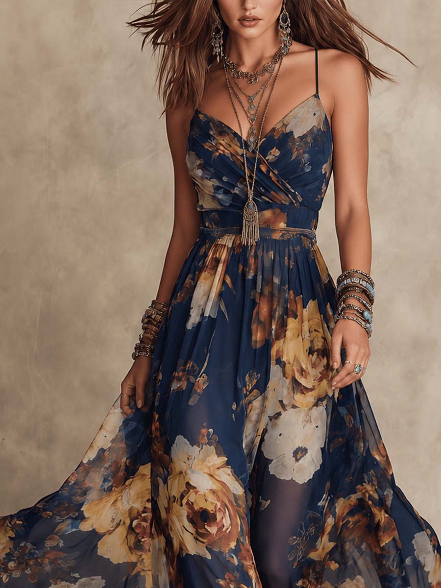 Débora | Vestido Maxi Floral Pintado a Mano, Azul Marino y Dorado