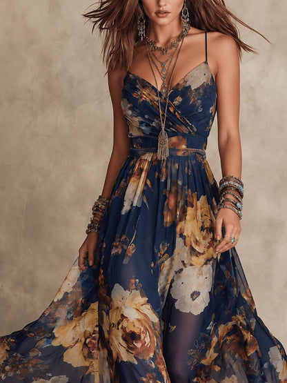 Débora | Vestido Maxi Floral Pintado a Mano, Azul Marino y Dorado