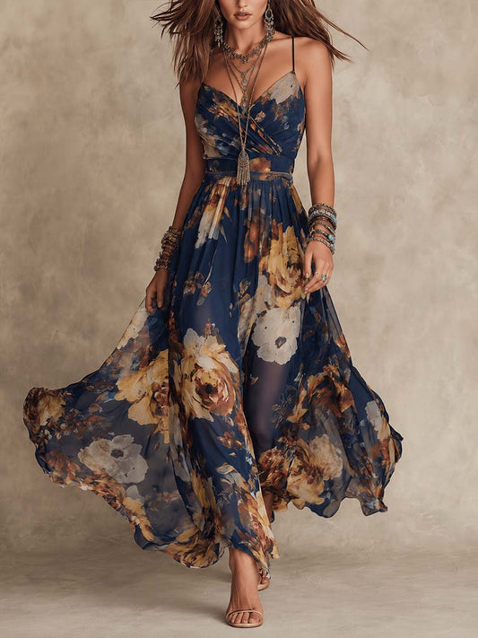 Débora | Vestido Maxi Floral Pintado a Mano, Azul Marino y Dorado