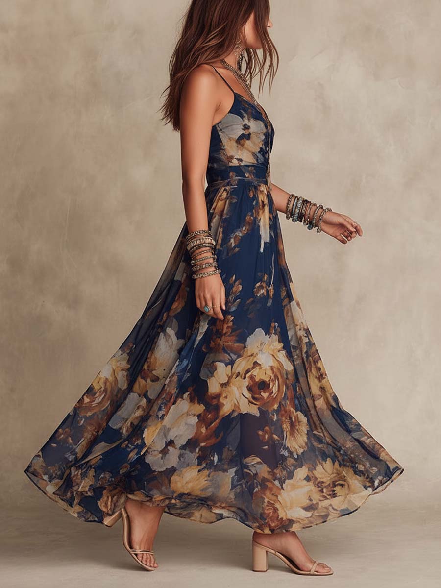 Débora | Vestido Maxi Floral Pintado a Mano, Azul Marino y Dorado