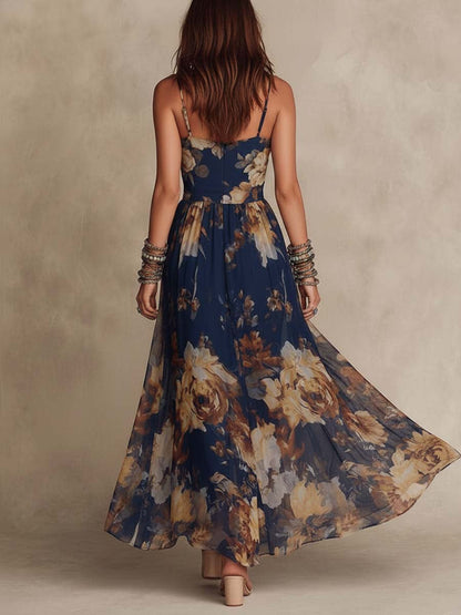Débora | Vestido Maxi Floral Pintado a Mano, Azul Marino y Dorado
