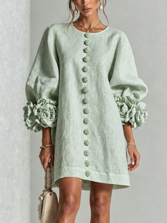 Delia | Vestido Mini de Lino con Puños de Rosas, Verde Salvia