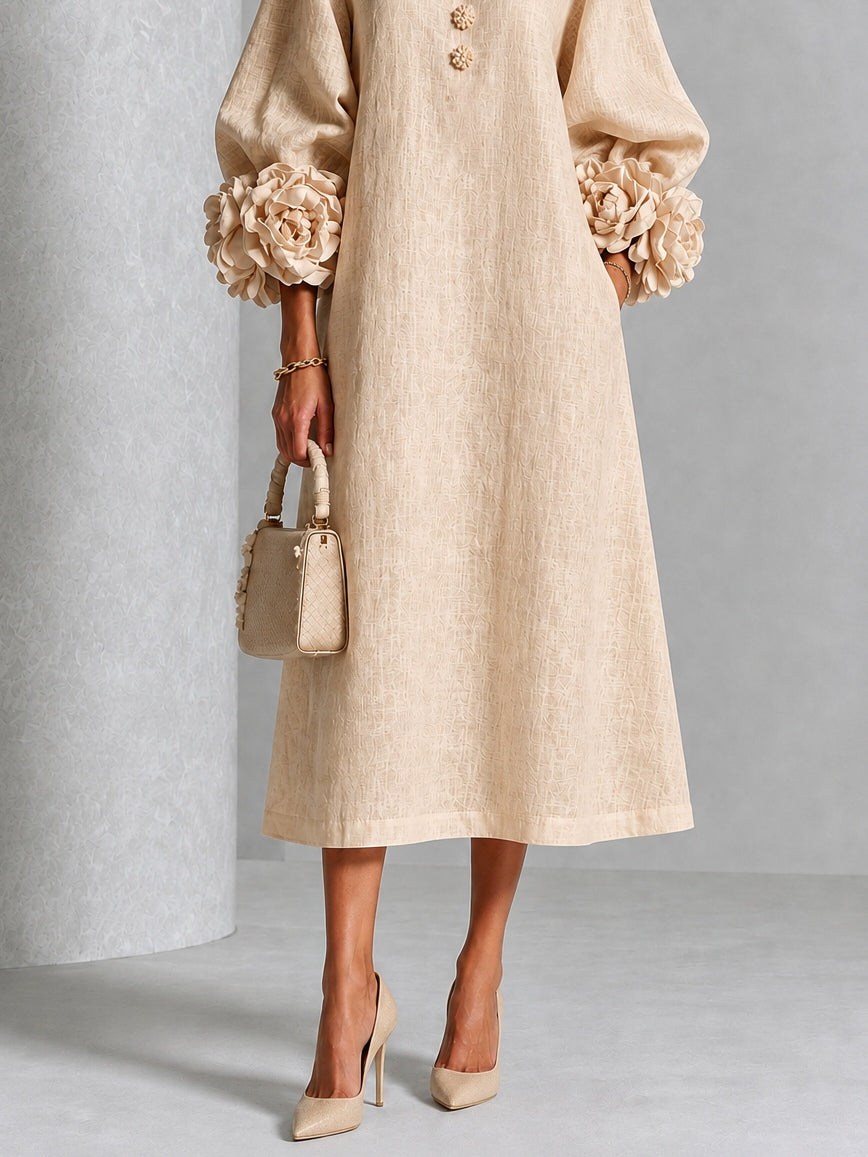 Vestido Midi Floral con Botones y Mangas Extravagantes