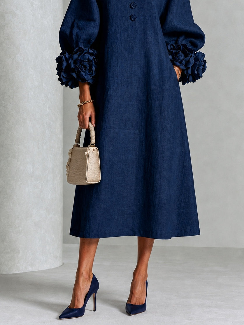 Vestido Midi Floral con Botones y Mangas Extravagantes