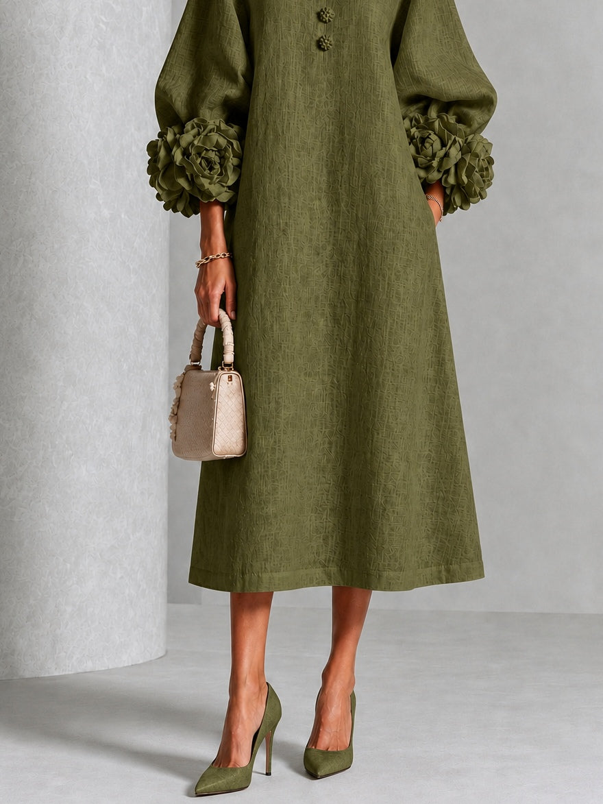 Vestido Midi Floral con Botones y Mangas Extravagantes