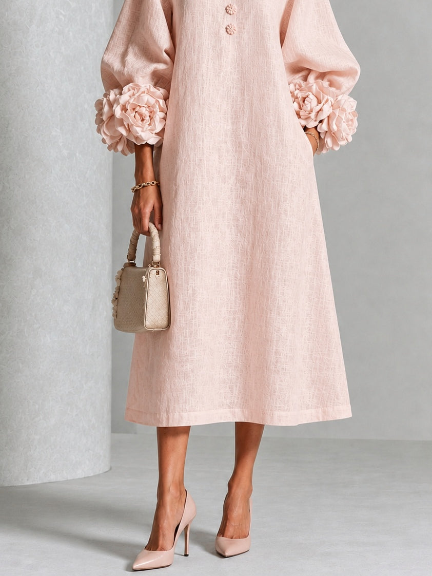 Vestido Midi Floral con Botones y Mangas Extravagantes