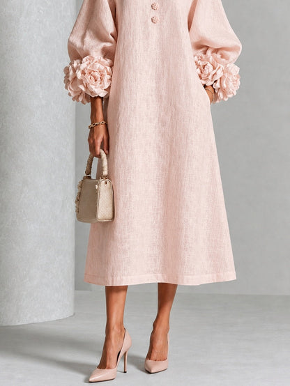 Vestido Midi Floral con Botones y Mangas Extravagantes