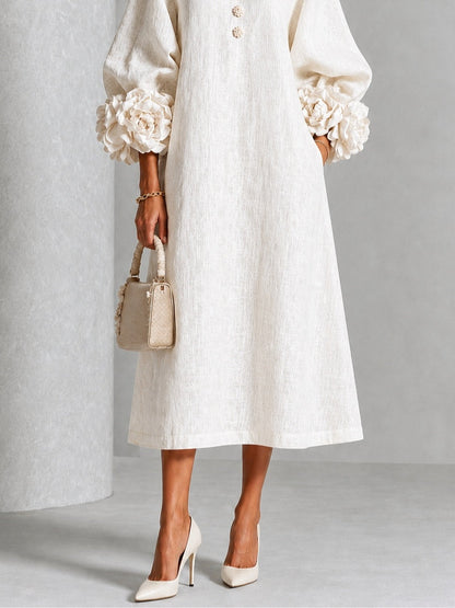 Vestido Midi Floral con Botones y Mangas Extravagantes