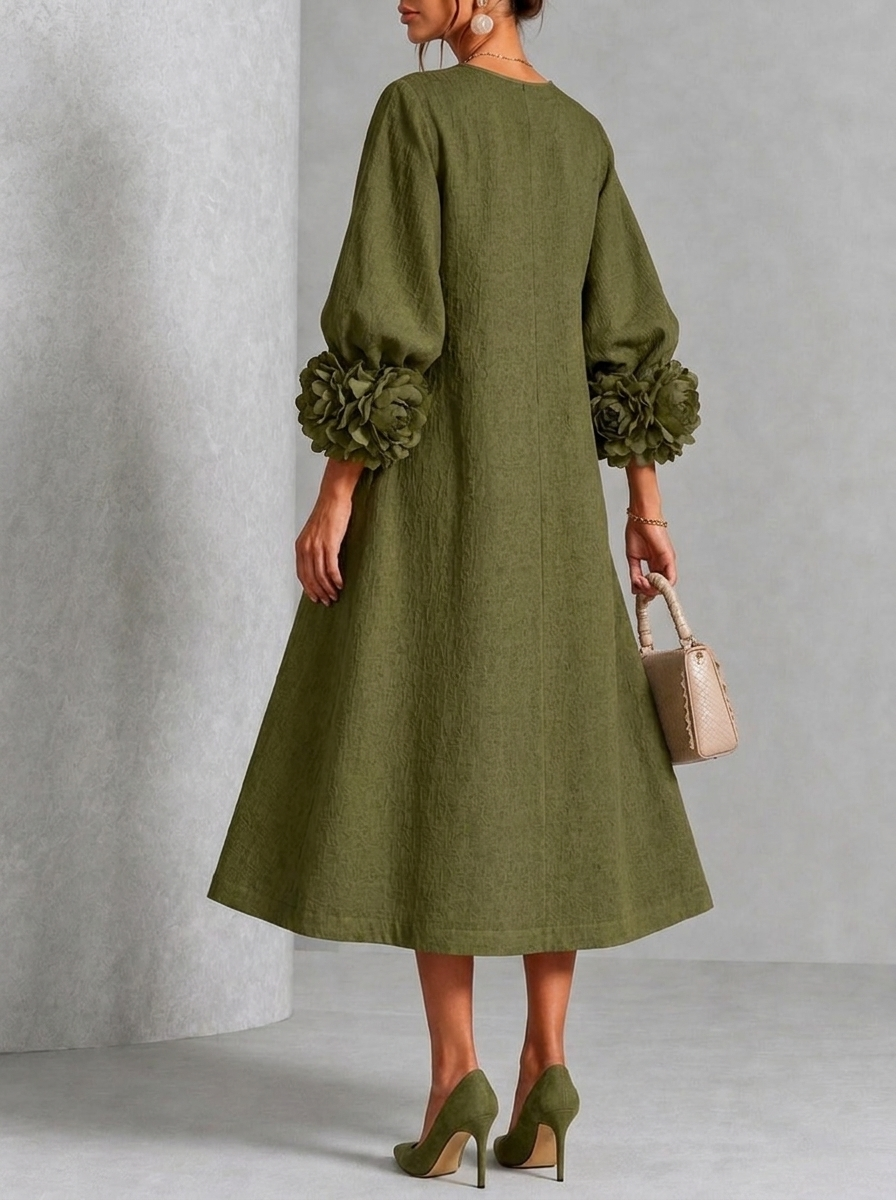 Vestido Midi Floral con Botones y Mangas Extravagantes