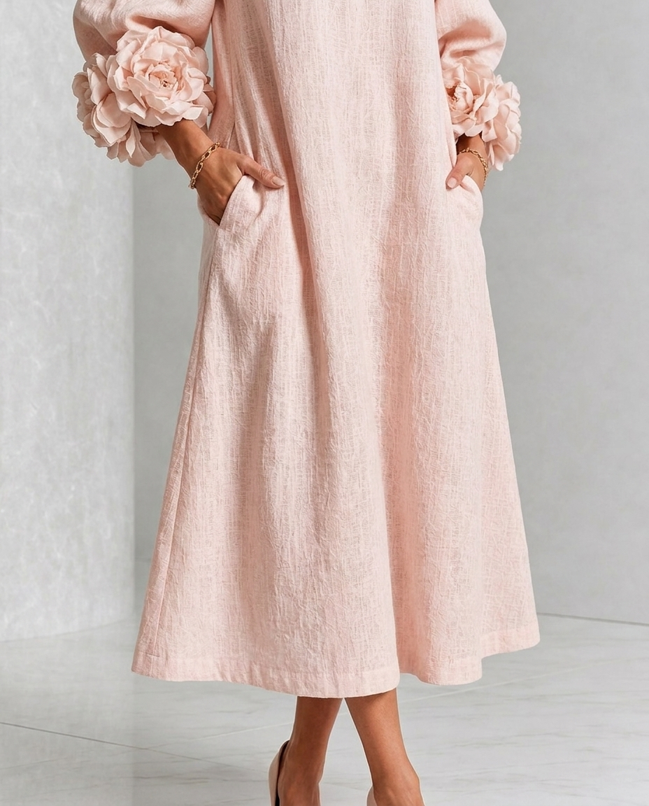 Vestido Midi Floral con Botones y Mangas Extravagantes