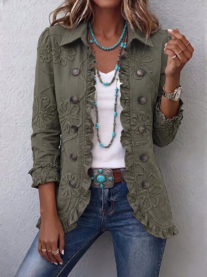 Kamberly | Chaqueta Boho Chic Bordada de Volantes, Verde Retro