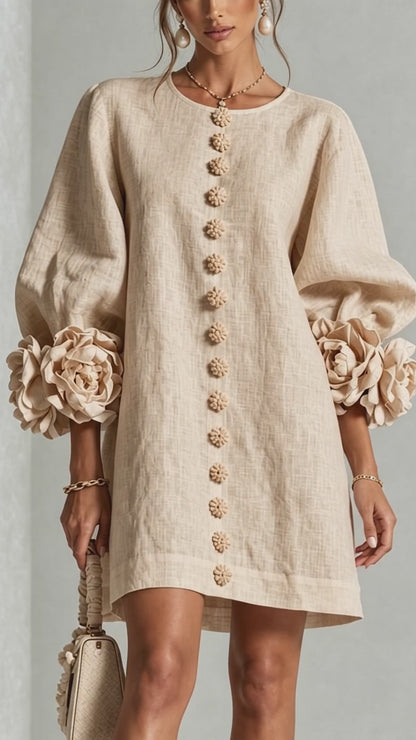 Ambra | Vestido Mini de Lino con Puños de Rosas, Beige Arena
